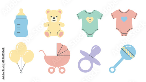 A collection of colorful baby items including a bottle, teddy bear, bodysuits, balloons, stroller, pacifier, and rattle.
