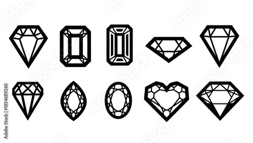 A collection of ten black outline icons depicting various gemstone and diamond cuts, including brilliant, emerald, radiant, marquise, oval, and heart shapes.