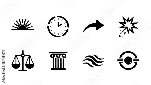 Collection of eight diverse black and white vector icons representing various concepts like time, justice, nature, and technology.
