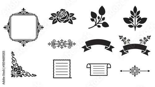 A collection of black and white vector graphic design elements including frames, floral motifs, ribbons, and dividers for various uses.