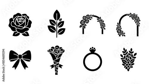 Black silhouette icons of wedding and romantic elements including flowers, arches, a ring, and a bow.