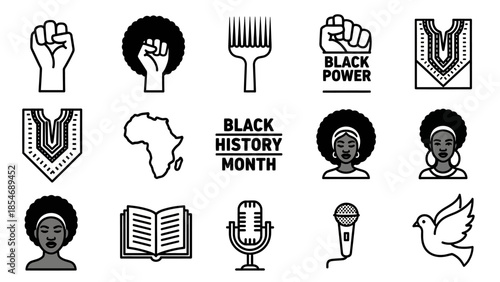 Black History Month Icons Representing Culture and Empowerment.