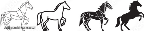 Horse icon set in outline flat geometric and silhouette styles representing speed power freedom equestrian sports ranch animals and modern logo graphics