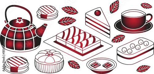 A charming still life illustration depicts a collection of red and white tea time treats including cakes sweets and a teapot