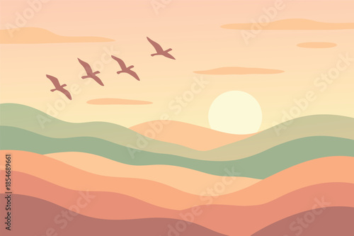 Minimal Landscape with Rolling Hills and Sun Illustration