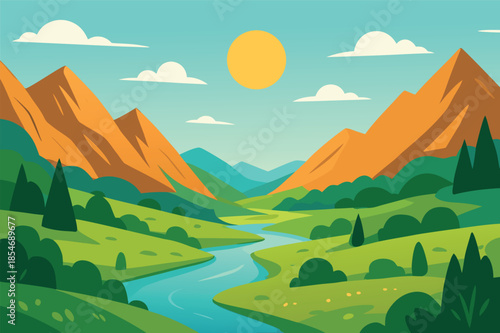 Colorful Mountain Valley Landscape with River Illustration