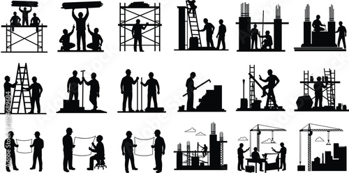 Construction worker silhouettes illustration, teamwork, scaffolding, ladder, blueprint planning, machinery operation, building site, industrial labor, black design, vector art