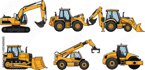 Construction vehicles illustration set, excavator, wheel loader, backhoe loader, bulldozer, telehandler, road roller, heavy machinery, industrial equipment