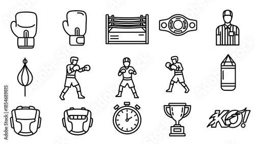 Boxing sports equipment and elements icons set.