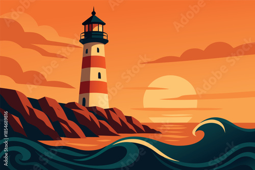 Lighthouse Illustration on Rocky Coast with Waves at Sunset
