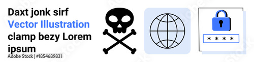 Information security, data protection, hacking threats, cybercrime prevention, global connectivity, online safety. A skull icon, globe symbol and a lock with a password combination. Cybersecurity