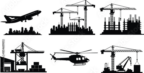 Construction, silhouettes, with, tower, cranes, buildings, city, skyline, airplane, helicopter, industrial, site, development, heavy, machinery, urban, growth, black, vector, illustration