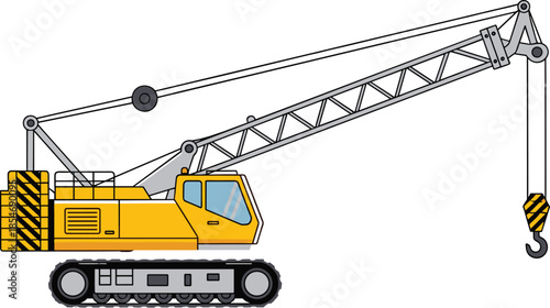 Crawler crane illustration, yellow heavy machinery, lattice boom, lifting hook, tracked vehicle, construction equipment, industrial machine, engineering tool, hazard stripes