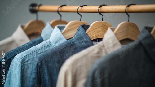 Men's shirts in various shades of blue and beige hang neatly