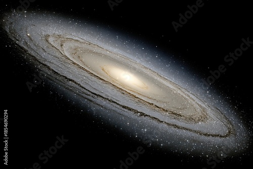 Swirling galaxy with bright core and hazy outer rings in deep space