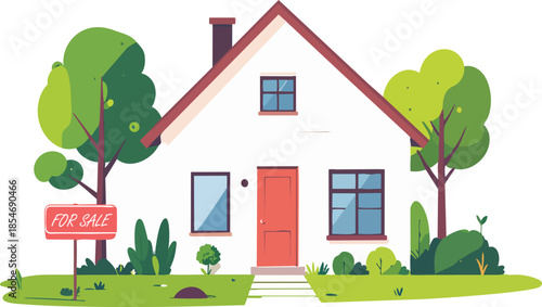 Charming House with For Sale Sign in Lush Neighborhood - Illustration