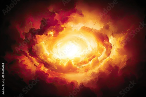 Fiery vortex of clouds radiating bright light from its center