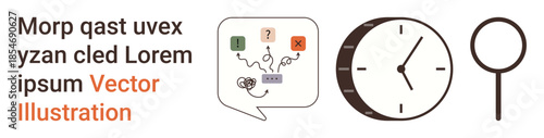Decision-making, time management, problem-solving, research, information search, communication. A speech bubble with icons, a clock and a magnifying glass. Decision-making and time management