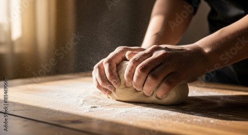Close-up of a person's hands diligently kneading fresh dough on a rustic wooden table, illuminated by warm sunlight, with flour dust shimmering in the air. A scene of homemade baking.