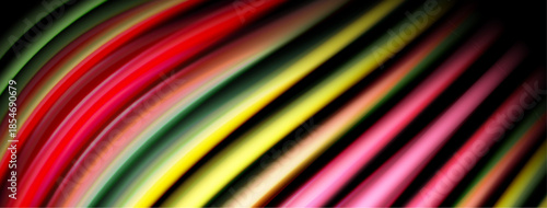 Colorful stripes curve, creating dynamic abstract pattern. Bright hues blend, forming vibrant visual experience. Black background emphasizes luminosity.