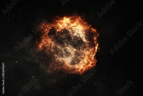 A radiant, fiery nebula glows amidst the dark expanse of space