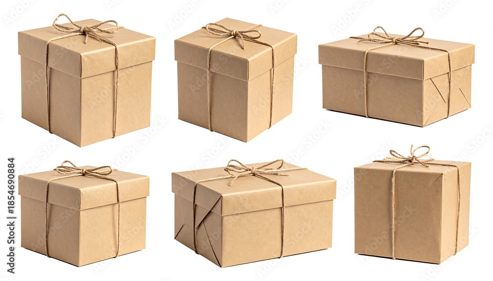 Fototapeta premium Six cardboard boxes, uniformly wrapped in brown paper and tied with string bows, against a white background