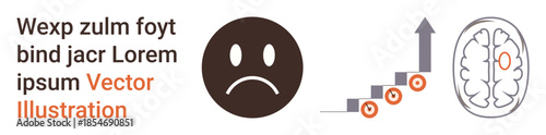 Emotional health, cognitive growth, performance improvement, analytics, mental challenges, decision-making. Sad face, brain upward chart with arrow. Emotional health and cognitive growth concepts