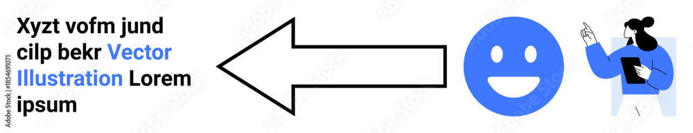 Fototapeta premium Communication, digital interaction, learning, people engagement, feedback, teamwork. happy face with an arrow pointing towards a person holding a tablet. Communication and digital interaction