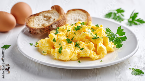 Fluffy scrambled eggs with toasted bread and fresh parsley garnish. A delicious and hearty breakfast featuring perfectly cooked scrambled eggs served with crispy toast and a sprinkle of fresh herbs