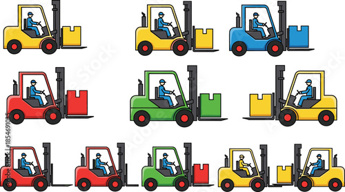 Forklift, truck, icons, set, with, operators, warehouse, logistics, industrial, vehicles, material, handling, equipment, colorful, flat, vector, illustration, isolated, white, background