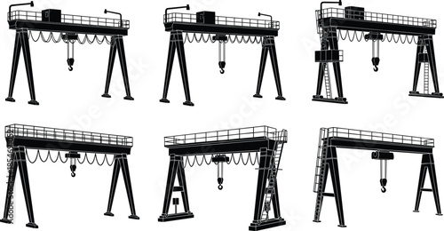 Gantry crane silhouettes, industrial lifting equipment, construction site machinery, heavy duty tools, cargo handling, engineering structures, warehouse cranes, work safety