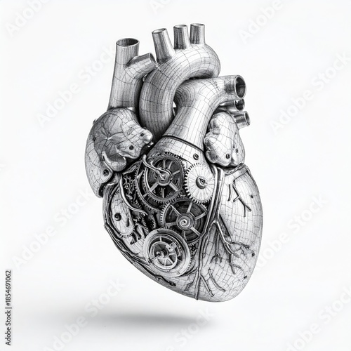 Mechanical human heart rendered in silver, gears visible, hovering on white