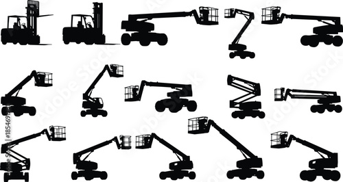 Industrial lifting equipment silhouettes, forklifts, boom lifts, aerial work platforms, warehouse machinery, construction tools, cargo handling, maintenance vehicles, heavy duty machines