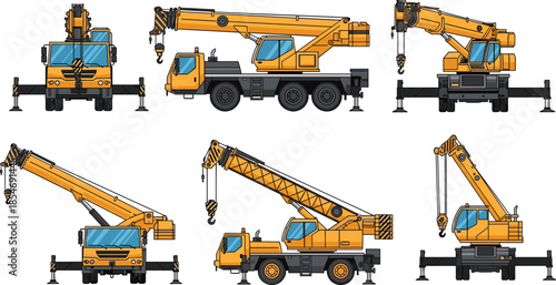 Mobile crane illustrations, yellow construction vehicles, telescopic boom, lifting hook, truck mounted machinery, heavy equipment, industrial tools, site work