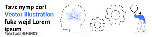 Human head with a flower representing innovation, gears symbolizing problem-solving, person holding a balloon. Ideal for creativity, brainstorming, cognitive processes, ideas, teamwork, strategy