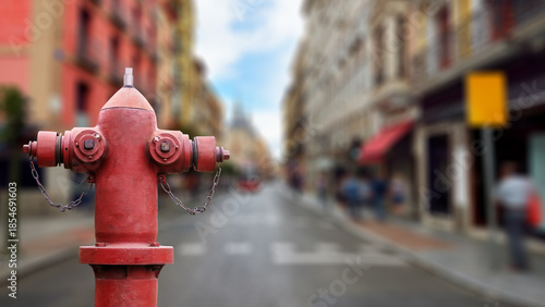 Red fire hydrant with blurred city street and buildings in the background