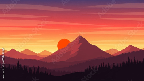 Sunset Over Mountain Peaks: A vibrant illustration showcasing the breathtaking beauty of nature with a mesmerizing sunset over majestic mountain peaks.