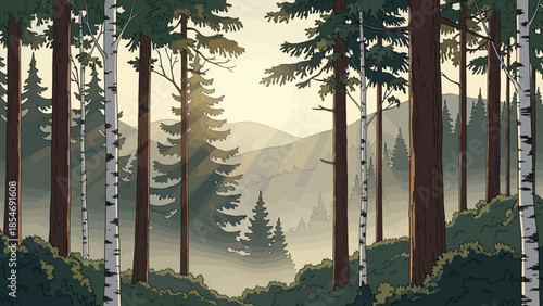 Forest Vista: A tranquil, illustrated scene showcasing a serene forest bathed in soft light, offering a sense of calm and natural beauty. 