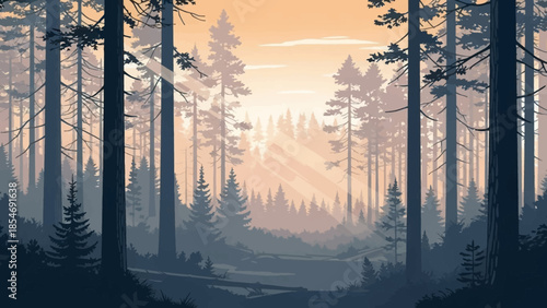 Whispers of the Woodland Dawn: A mesmerizing vista unfolds, where towering silhouettes of trees stand as silent sentinels, bathed in the ethereal glow of sunrise