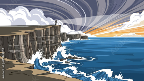 The Lookout: A solitary figure surveys a vast seascape from a cliffside vantage, as the ocean's waves crash against the rocks below. The sky above is ablaze with a dramatic sunset.