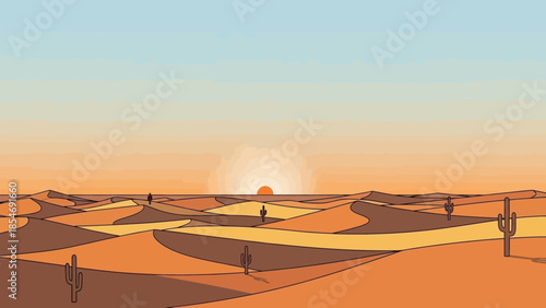 Desert Sunset Silhouette: Captivating scenery of the endless desert stretching towards the sunset. The image evokes a sense of tranquility. The vibrant colors paint a scene of timeless beauty.