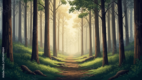 Pathway through the Forest: A serene pathway weaves through a dense forest, leading towards a sunlit opening. The scene is enveloped in a soft, misty atmosphere.