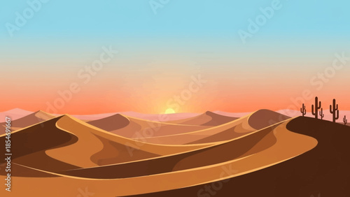 Desert Sunset: An expansive desert landscape at sunset, featuring rolling sand dunes and silhouetted cacti. A vivid sky is painted with the warm hues of dusk. 