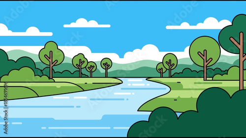 Serene River Landscape: An animated panorama of a meandering river carving its way through a verdant landscape, under a bright, cloud-dotted sky, conveying tranquility. 