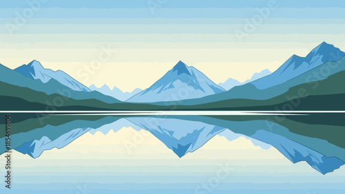Mountain Reflection: The image captures a serene mountain landscape reflected in tranquil waters, showcasing the beauty of nature with clean lines and soft colors. 