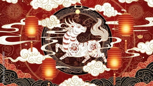 Festive Lunar New Year celebration with a stylized dragon and lanterns, symbolizing prosperity and good fortune