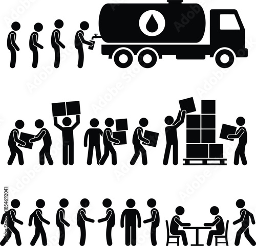 Stick figures unloading and loading cargo from a truck and organizing boxes