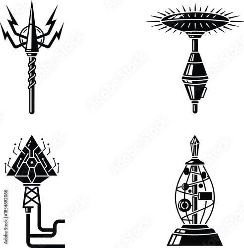 Futuristic towers vector design set in simple flat style isolated on background.