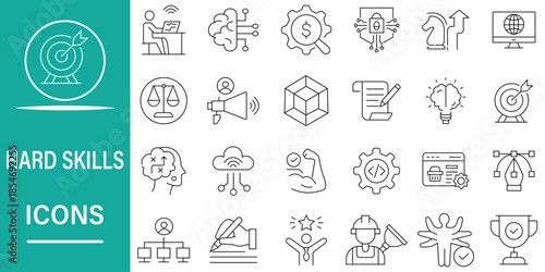 Hard skills line icon set. Includes business, technology, software development, network security and more. Editable stroke. Vector illustration.
