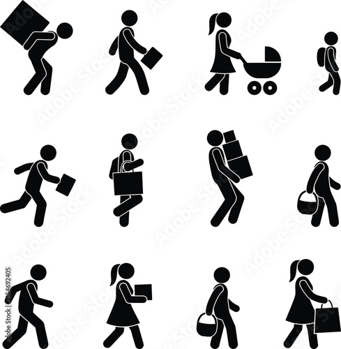 Collection of stick figure icons depicting people carrying shopping bags and boxes